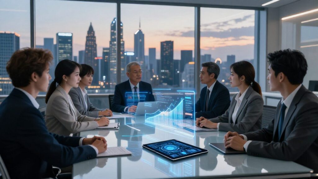 Profesionales analizando gráficos holográficos en una moderna sala de juntas frente al horizonte urbano.