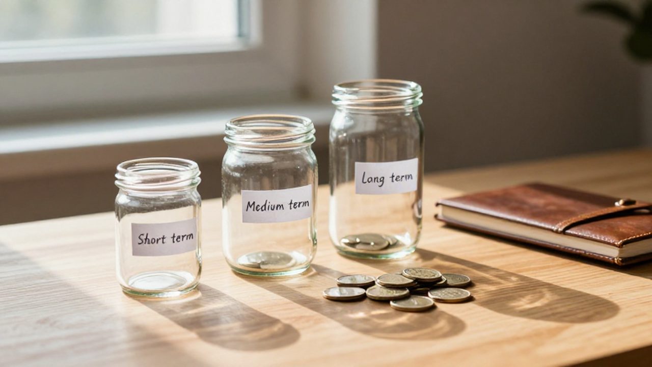 Tres frascos de vidrio etiquetados con metas financieras junto a monedas y un cuaderno de cuero.