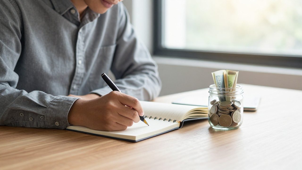Joven profesional escribiendo en un cuaderno junto a un frasco con ahorros bajo la luz del sol.