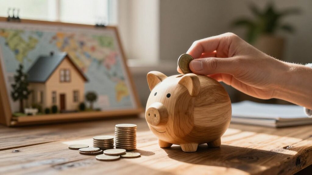 Manos organizando monedas y una hucha de madera sobre una mesa junto a un tablero de metas.