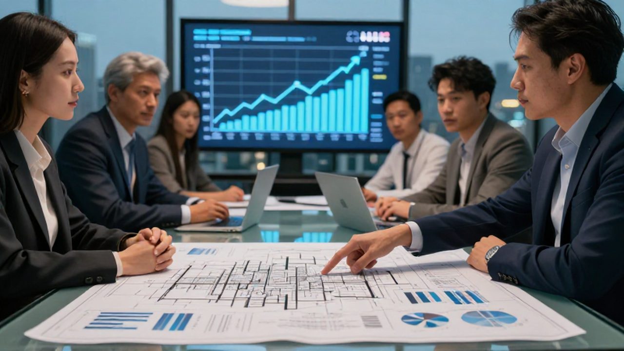 Expertos analizan planos urbanos y gráficos económicos sobre una mesa en una oficina moderna.