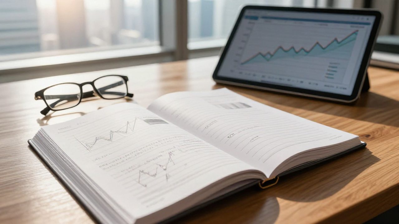 Libro de contabilidad con gráficos financieros y una tableta digital sobre un escritorio de madera.