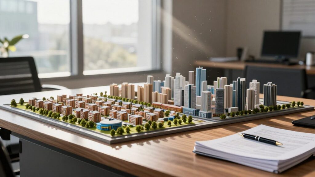 Maqueta urbana sobre un escritorio de madera con libros contables y luz solar matutina.