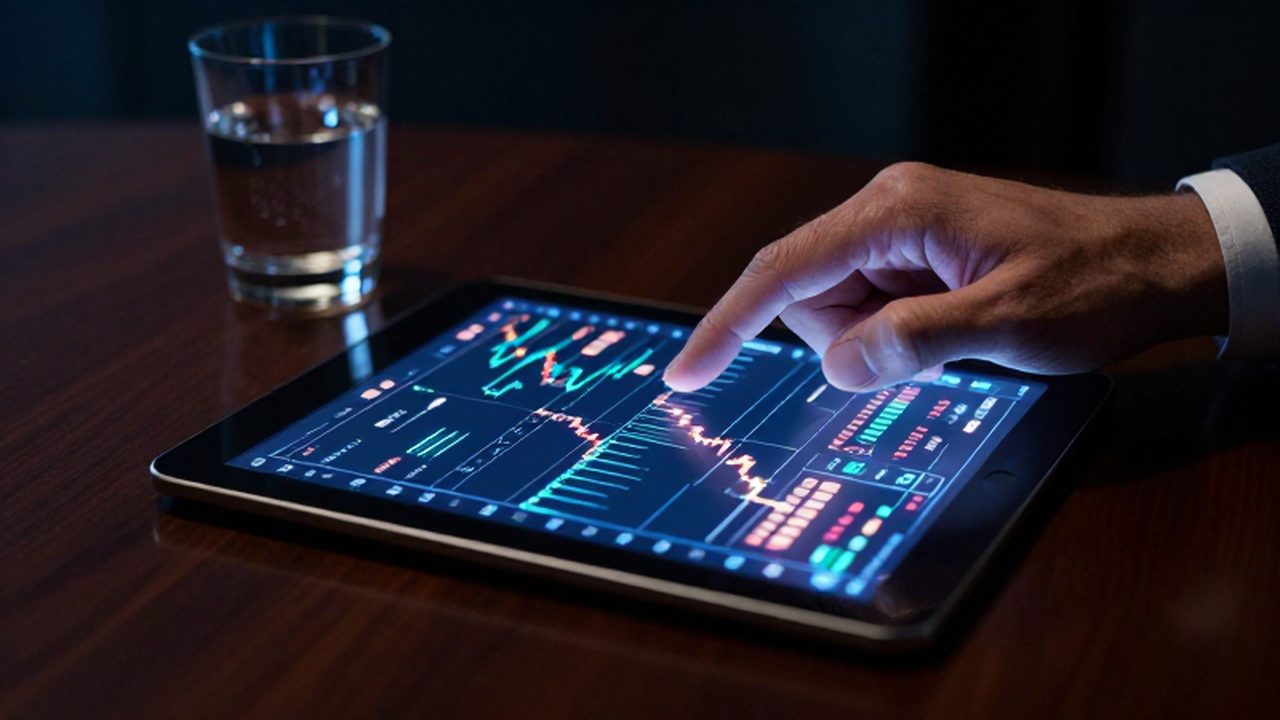 Mano temblorosa de un ejecutivo sobre una tableta con gráficos financieros complejos en una sala oscura.