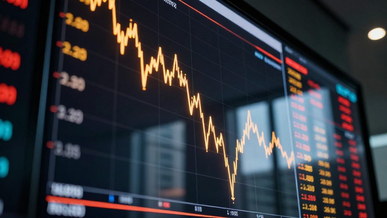 Pantalla digital de bolsa con gráficos en rojo mostrando una caída pronunciada en una oficina oscura.