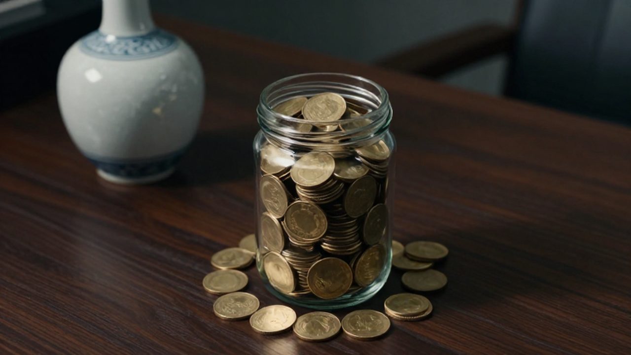 Frasco de cristal lleno de monedas de oro junto a un jarrón de porcelana sobre un escritorio oscuro.