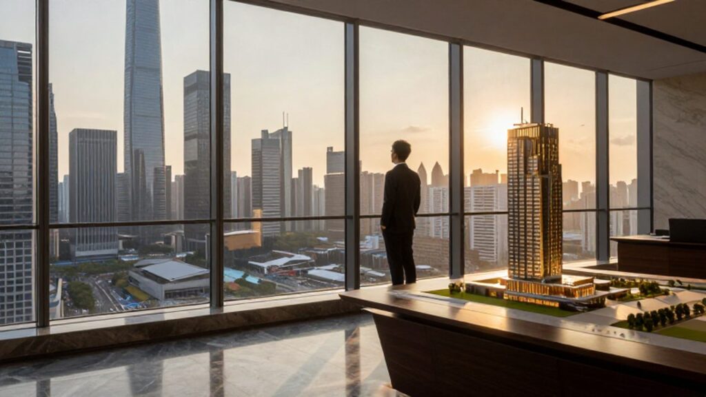 Arquitecto contemplando una maqueta de lujo frente a un paisaje urbano al atardecer.