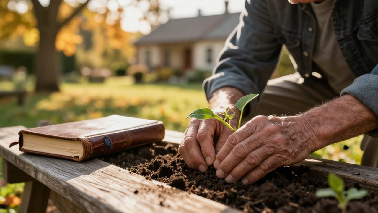 Un hombre mayor enseña a un joven a plantar un pequeño brote en un jardín soleado.
