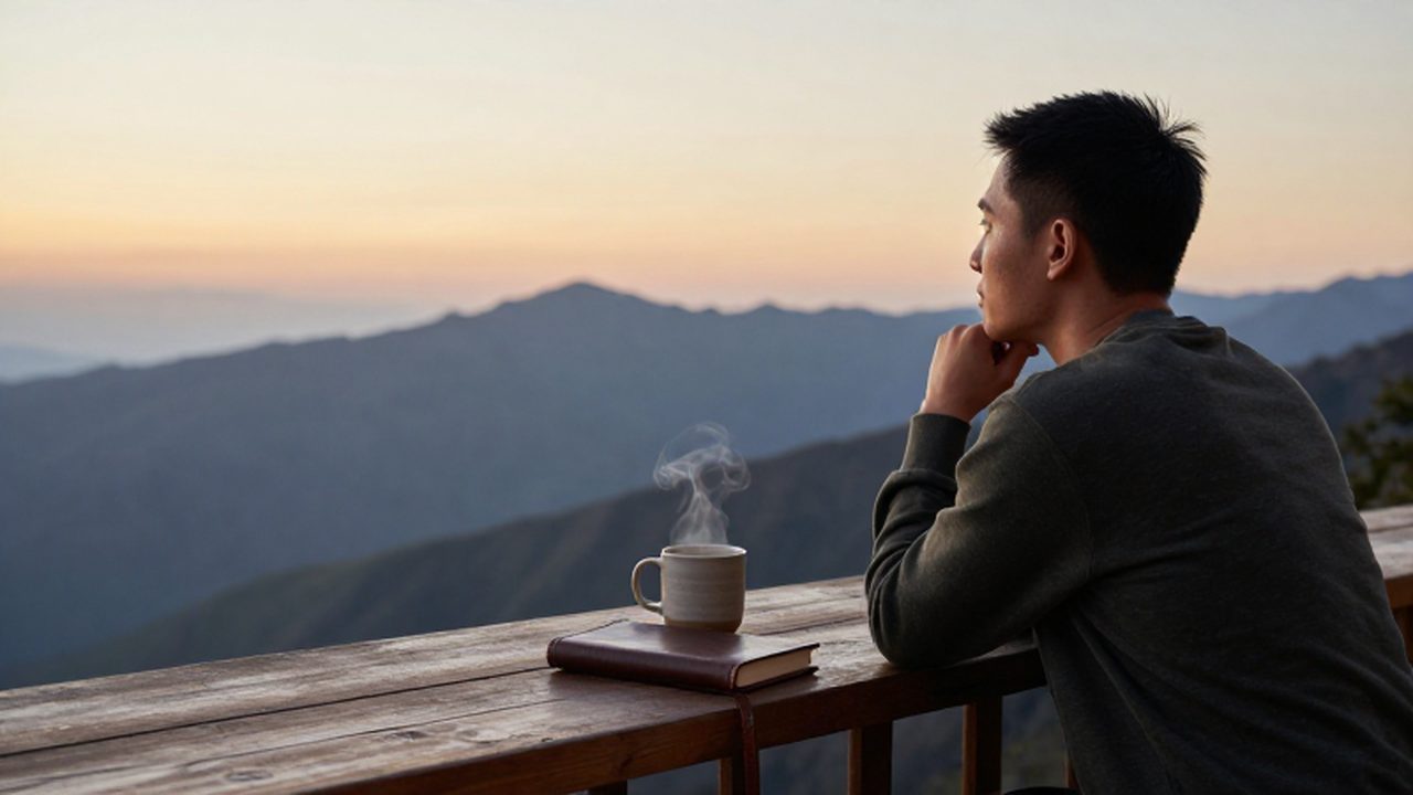 Persona serena sentada en un balcón de madera contemplando las montañas al amanecer con un diario.
