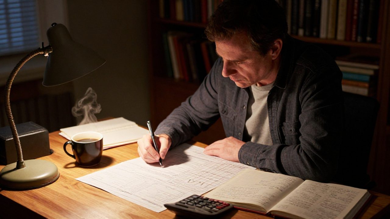 Hombre de mediana edad concentrado analizando gráficos financieros y apuntes en un escritorio iluminado.