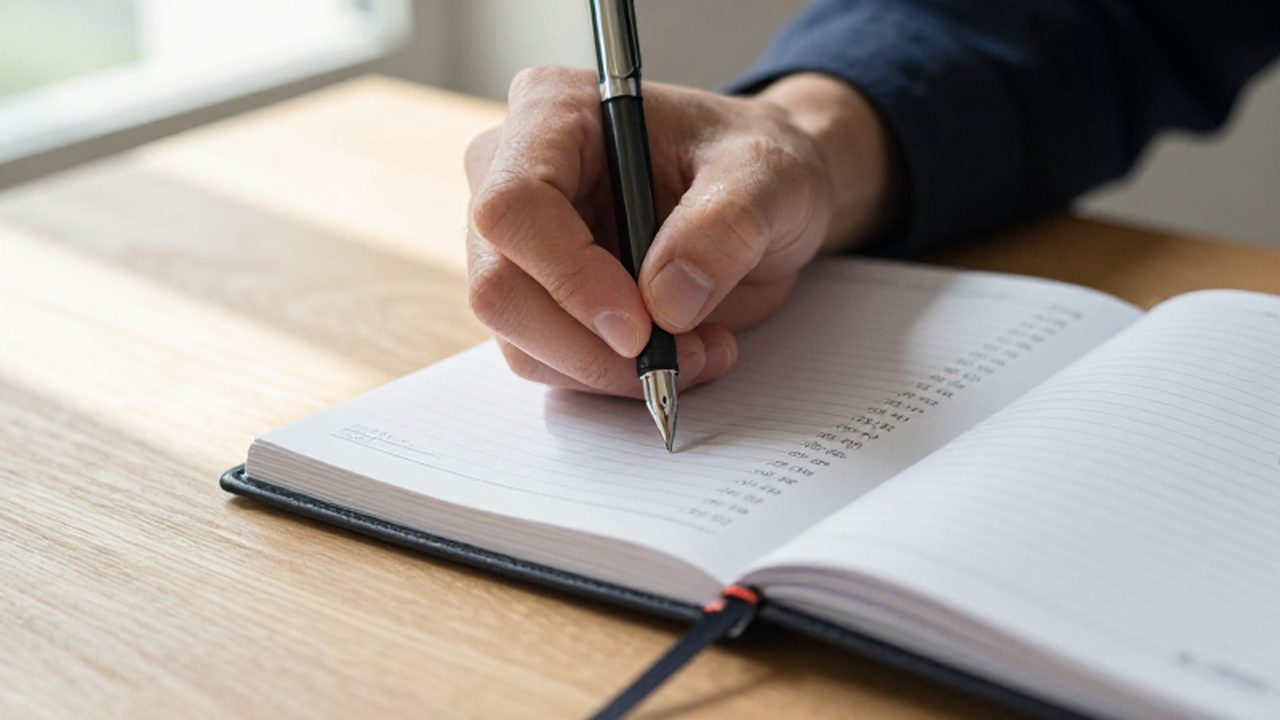 Una mano escribe fechas y números con una pluma estilográfica en un planificador de cuero.