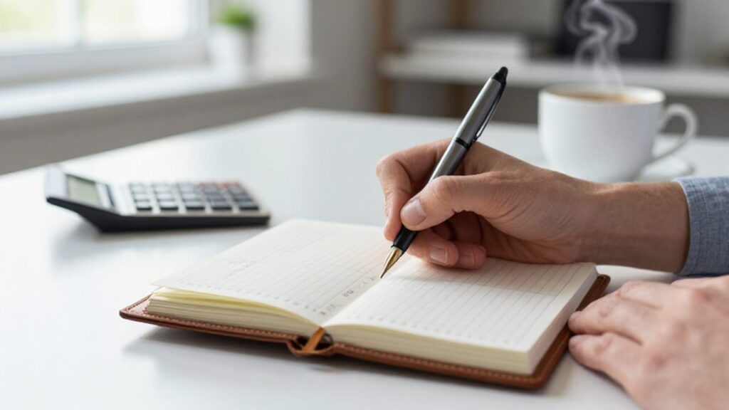 Manos escribiendo cifras financieras en una agenda de cuero sobre un escritorio organizado.