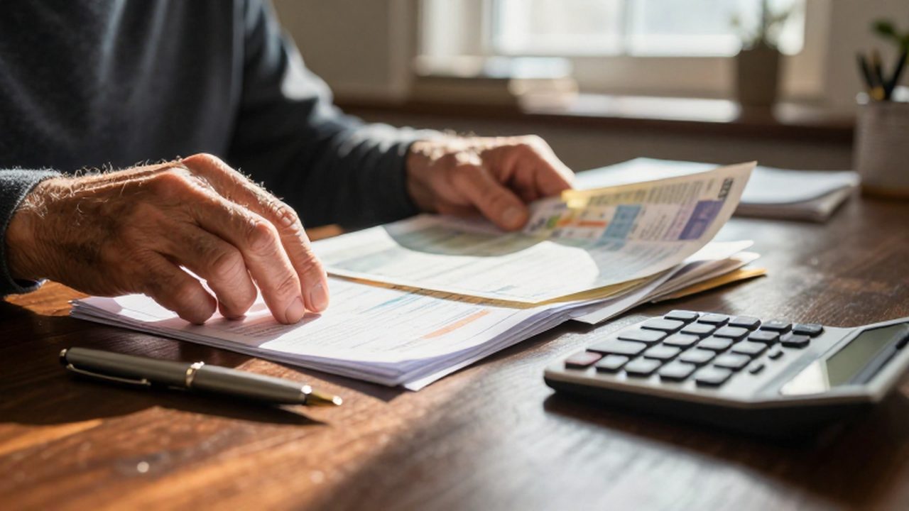 Manos organizando documentos financieros sobre un escritorio de madera con una calculadora y un bolígrafo.