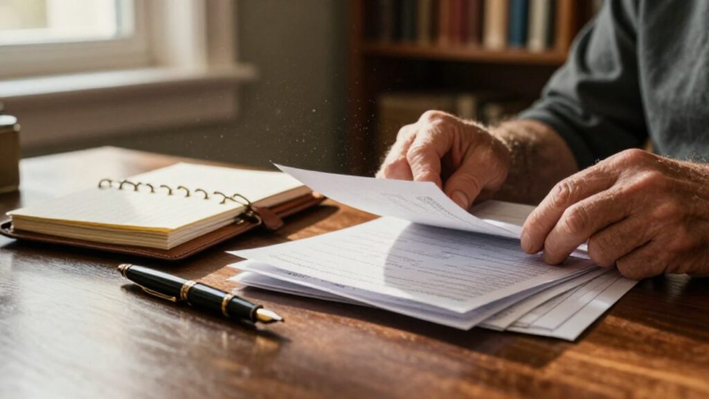 Manos maduras organizan documentos financieros y una agenda sobre un escritorio de madera.