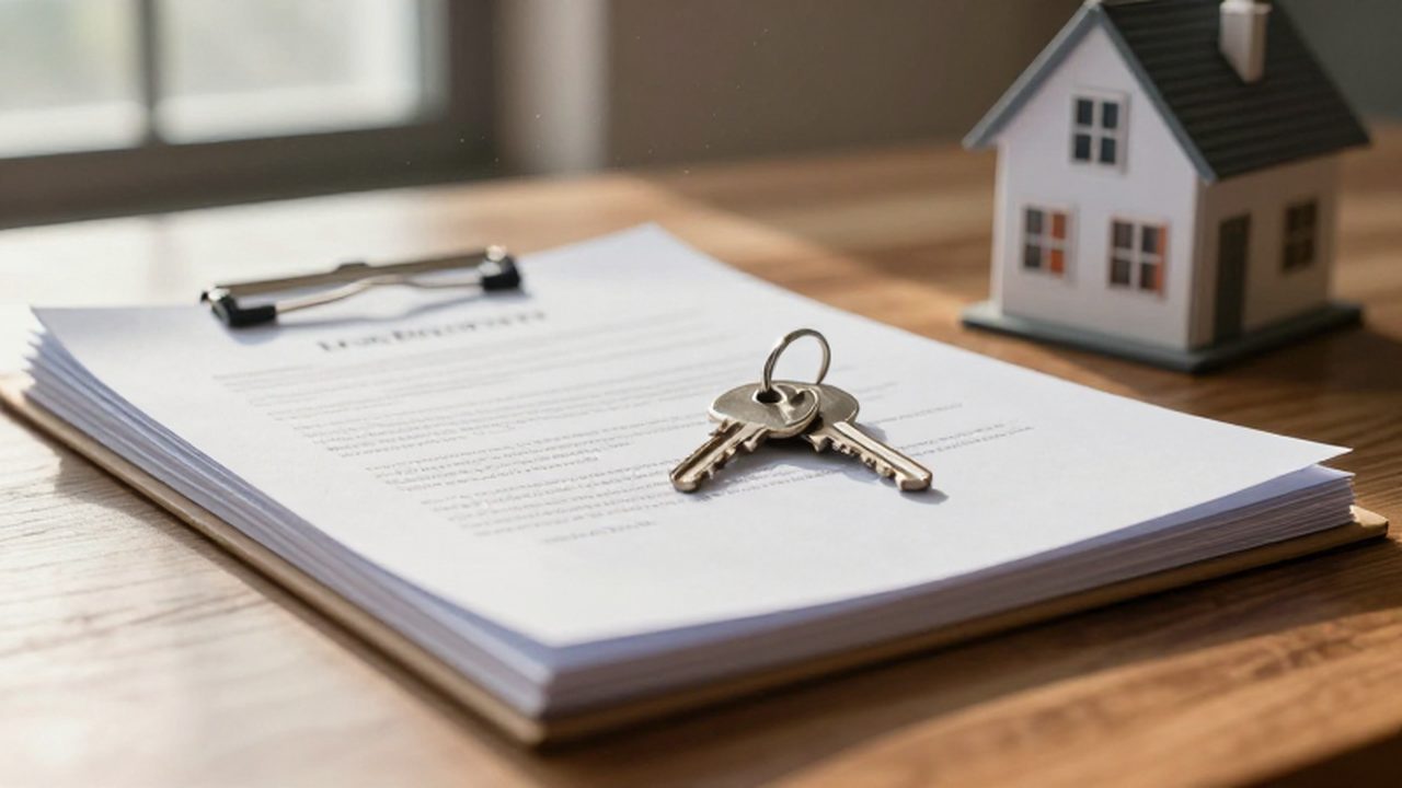 Documentos legales y contratos firmados junto a una llave plateada y una pequeña maqueta de casa.