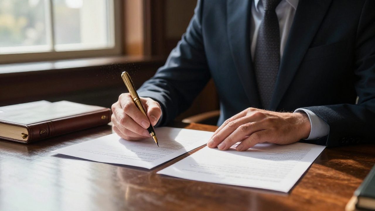 Persona de mediana edad revisando documentos manuscritos con una pluma de oro en un escritorio de madera.