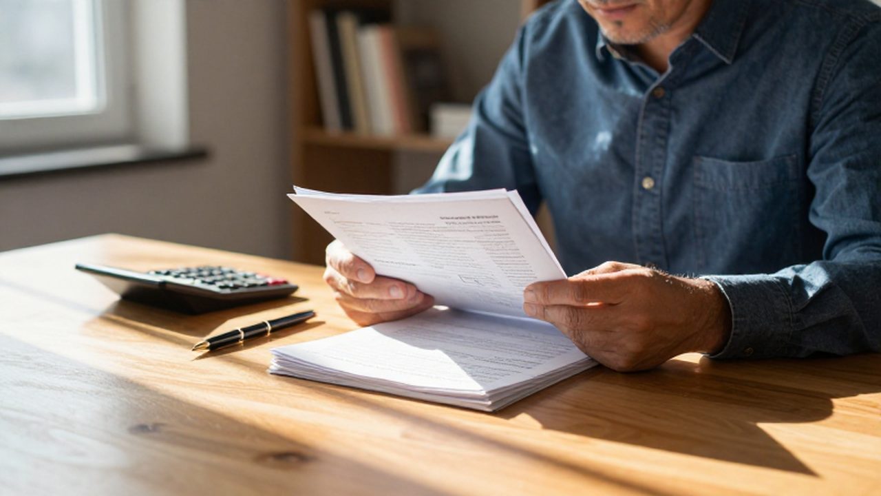 Profesional revisando documentos financieros y formularios de impuestos sobre un escritorio de madera.