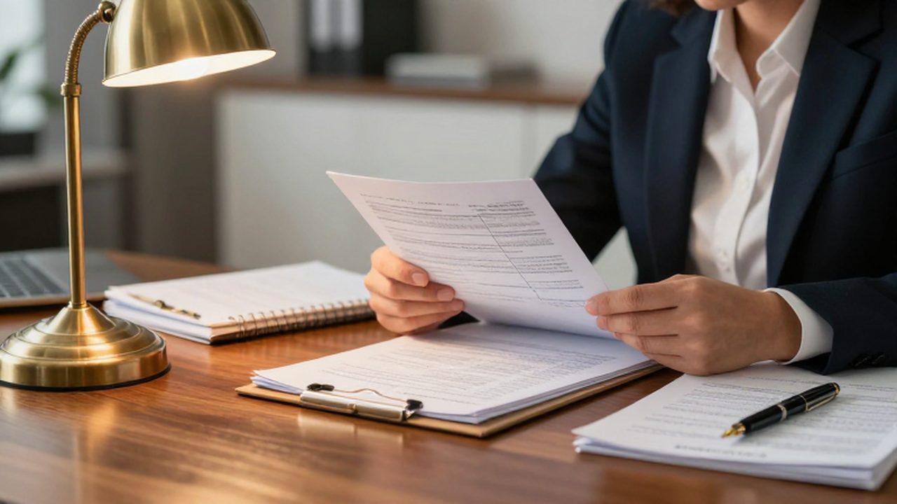 Contador revisando documentos financieros y formularios de impuestos sobre un escritorio de madera.
