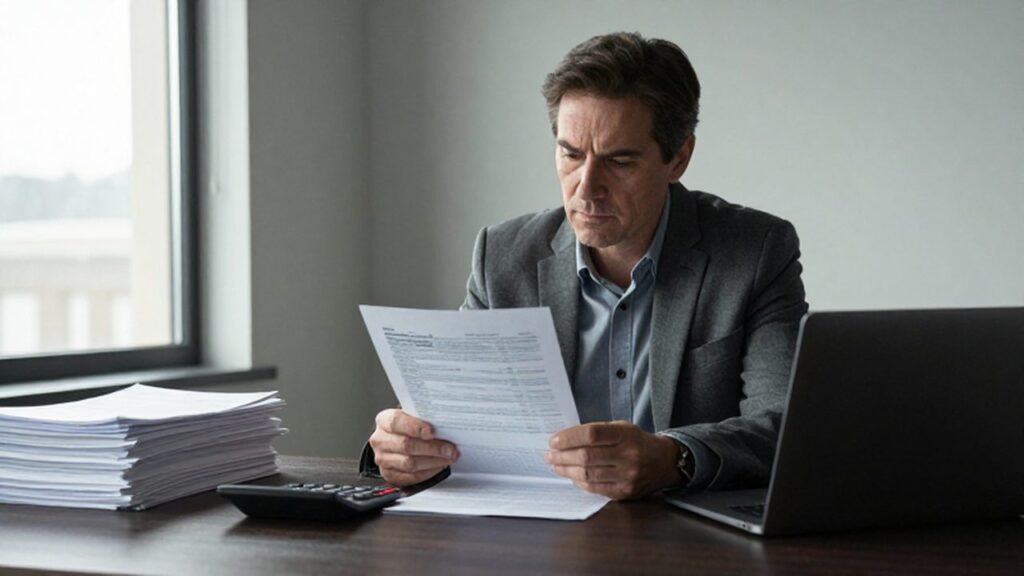 Profesional concentrado revisando documentos fiscales y un ordenador en su oficina en casa.