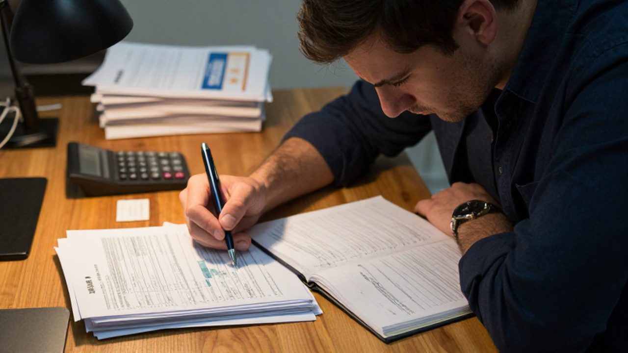 Contador estresado trabajando con formularios fiscales y recibos sobre un escritorio de madera.