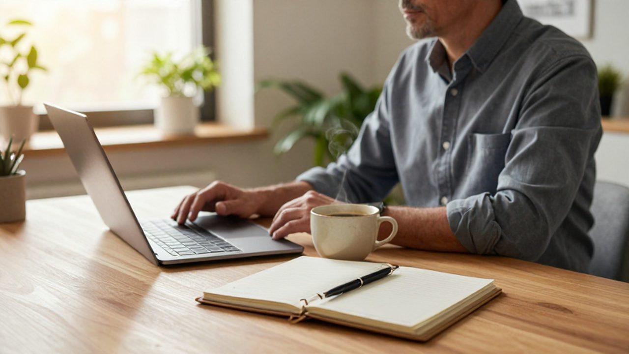 Persona sentada de forma tranquila frente a un escritorio ordenado con café y una agenda financiera.