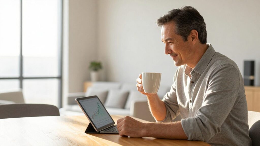 Hombre sonriente en un comedor luminoso observando un gráfico financiero en una tableta.