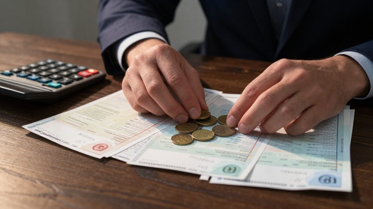 Manos organizando monedas y facturas sobre un escritorio de madera junto a una calculadora.