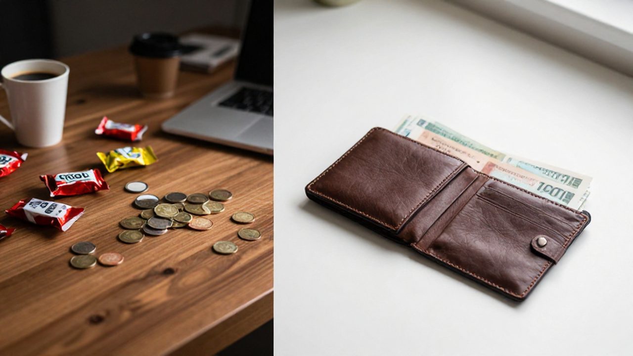 Comparación entre un escritorio desordenado con gastos pequeños y una mesa organizada con una cartera.