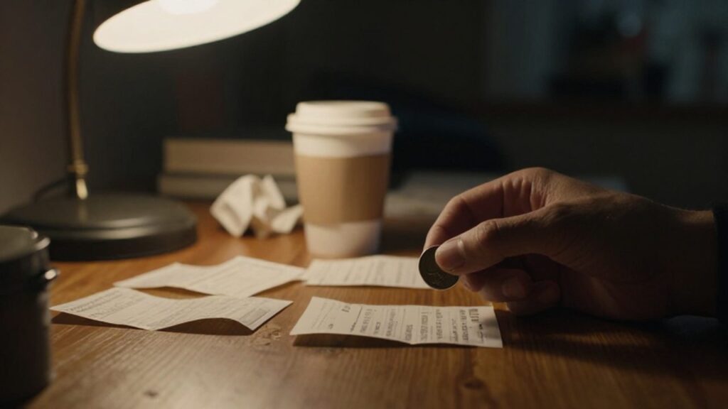 Una mano sostiene una moneda sobre un escritorio desordenado con recibos y tazas de café.
