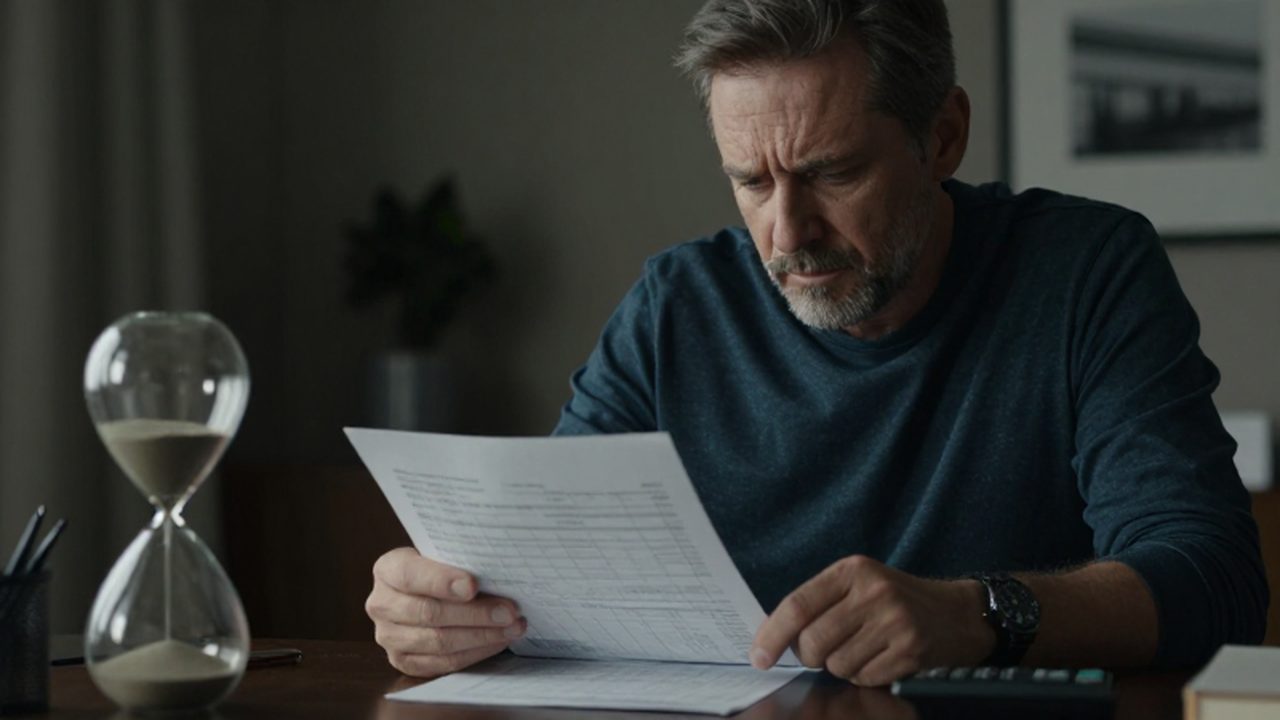 Hombre de mediana edad revisando documentos financieros con un reloj de arena sobre el escritorio.