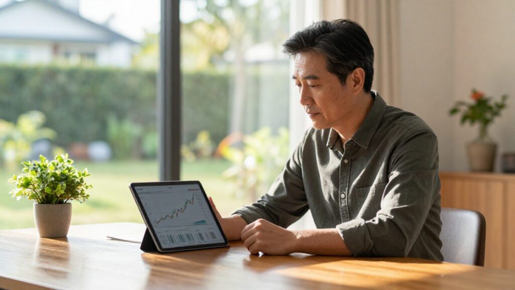 Hombre de mediana edad revisando gráficos de crecimiento financiero en una tableta en su oficina iluminada.