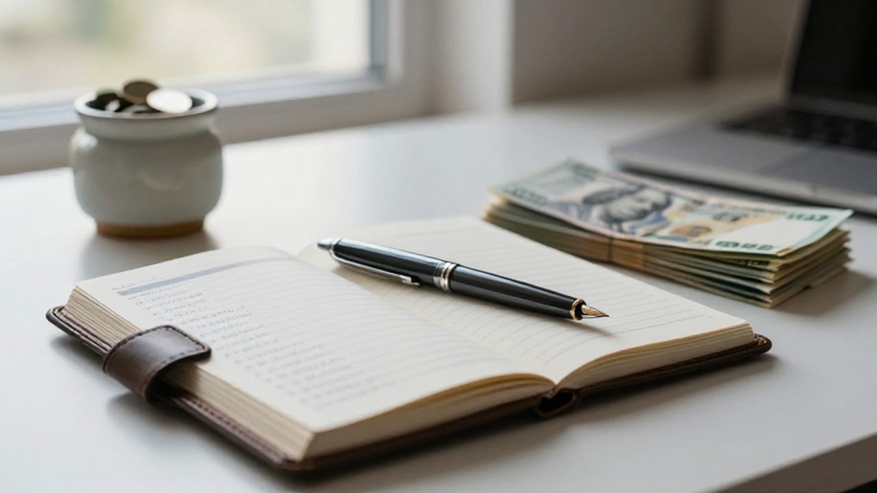 Libreta de cuero abierta con anotaciones de presupuesto junto a billetes y una pluma elegante.