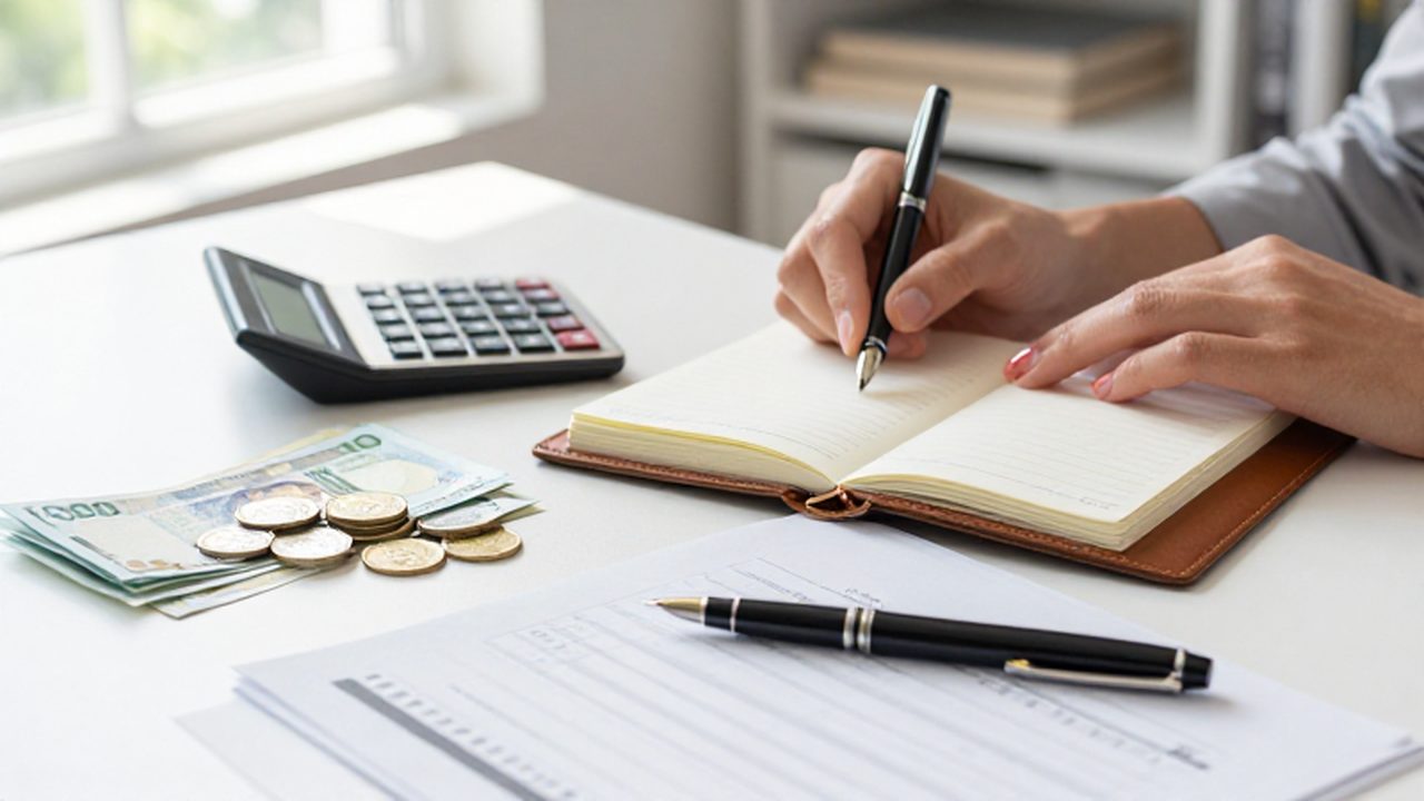 Manos organizando un presupuesto con dinero, una calculadora y una agenda en un escritorio luminoso.