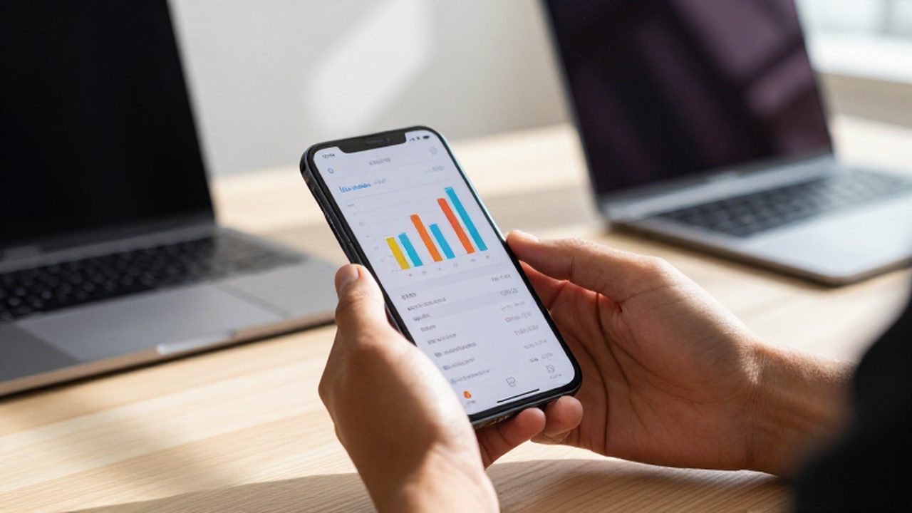 Manos sosteniendo un smartphone que muestra una aplicación de finanzas con gráficos sobre un escritorio.