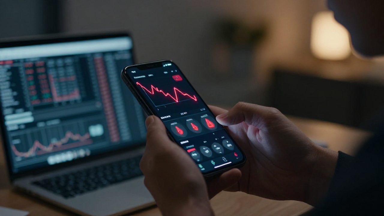 Mano sosteniendo un smartphone que muestra gráficos financieros en caída roja en una oficina tenue.