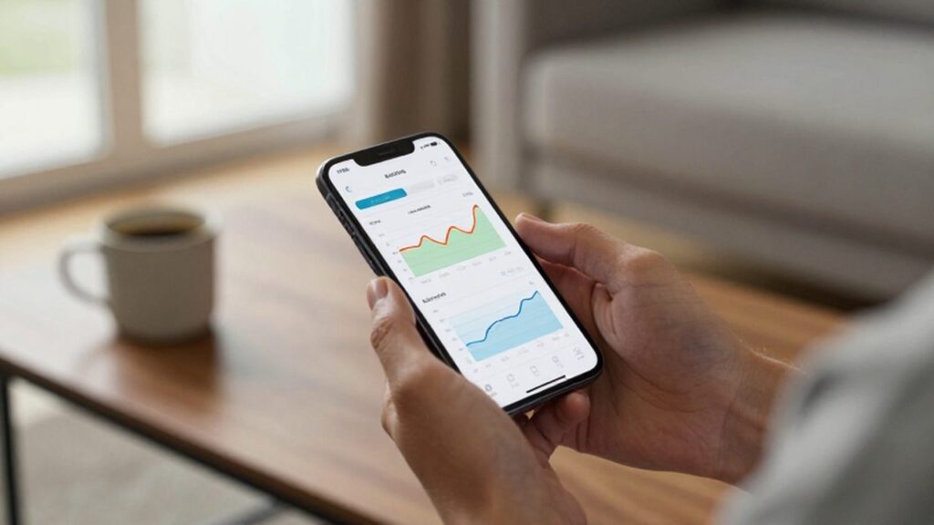 Manos sosteniendo un smartphone con una aplicación de finanzas y gráficos en una mesa de madera.
